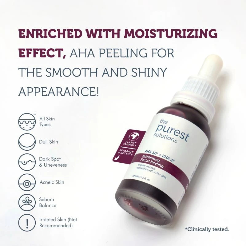 Exfoliating Facial Peeling Aha %10 + Bha %2 Serum 30ml The Purest Solutions